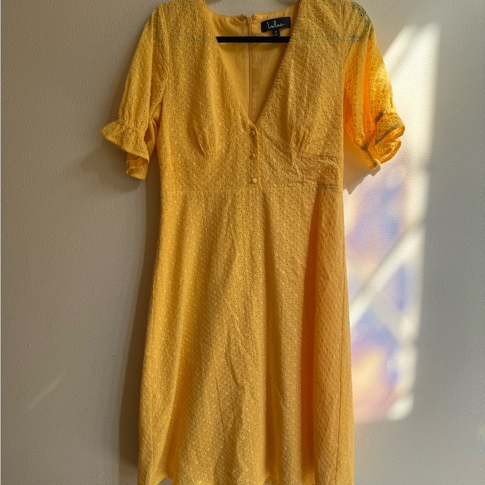 Lulu's Yellow Eyelet Midi Dress, Size Medium